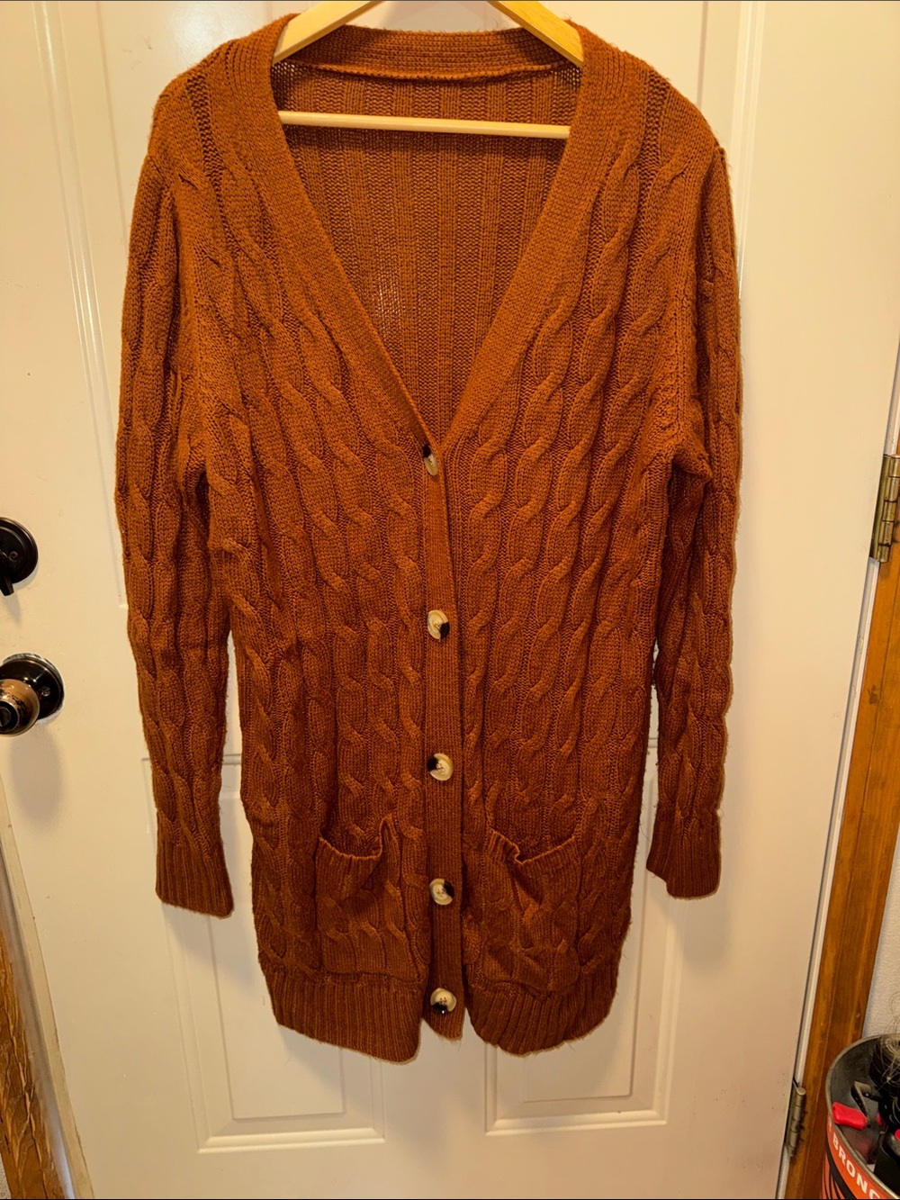 Women's Cable Knit Long Cardigan Sweater - Rust Brown